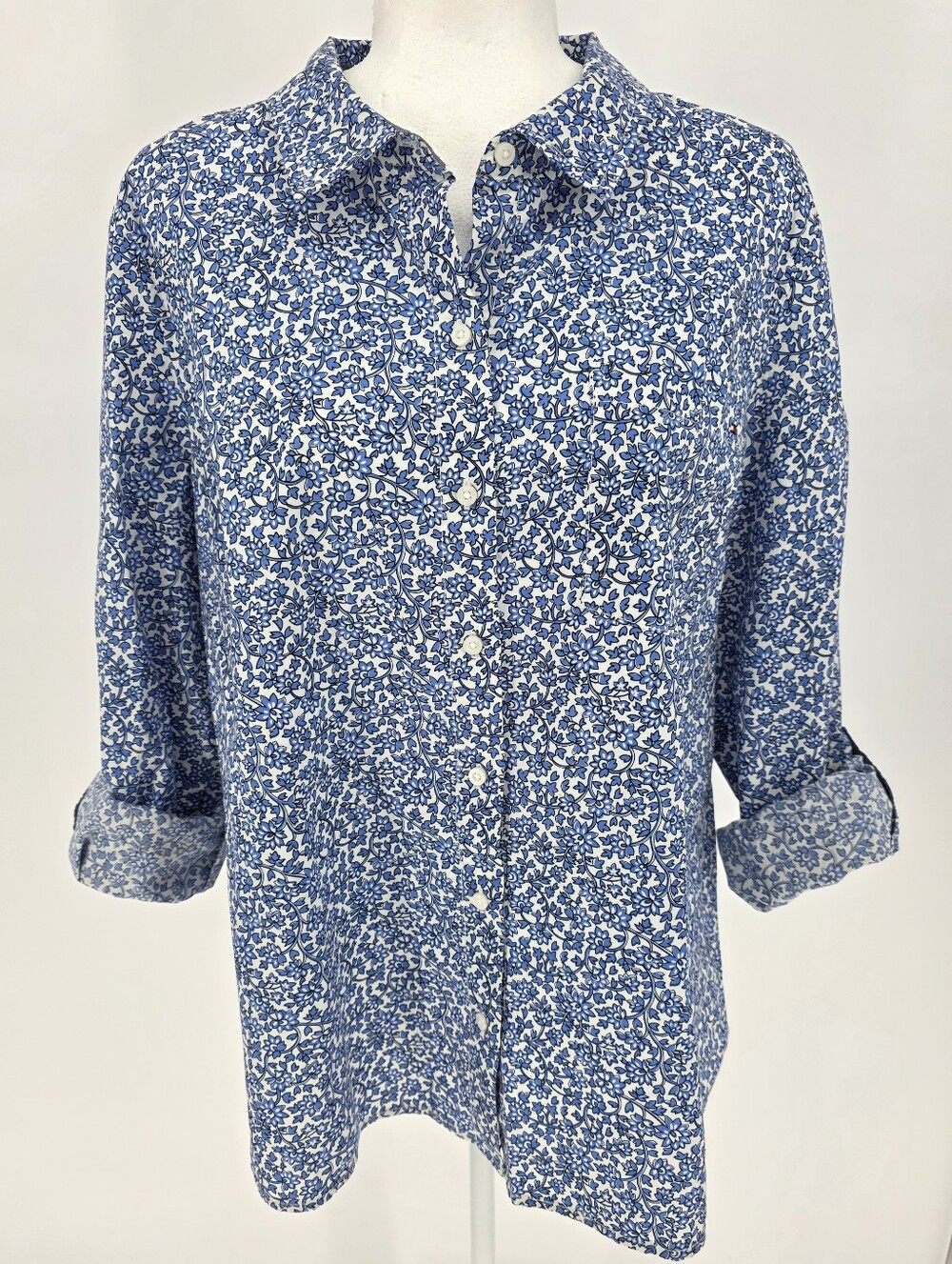 Tommy Hilfiger Floral Button‎ Front Shirt XL Blue White Cotton Roll Tab Sleeve